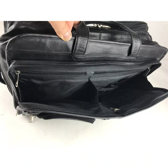 Dilana Unisex Black Leather Outer Pockets Detachable Strap Top Handle Laptop Bag - Picture 7 of 11